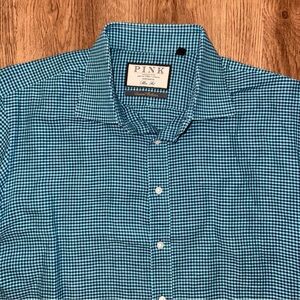 Thomas Pink Seasonal Collection Blue Check Slim Fit Linen Blend Shirt Sz L 16/34